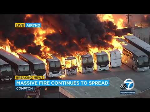 Huge fire at Compton industrial advanced rips thru buildings, buses | ABC7